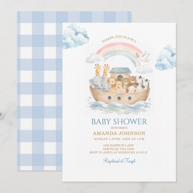 Noas ark blå gingham djur baby shower inbjudningar (Fram/baksida)
