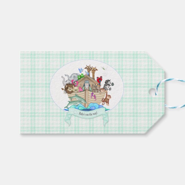 Noas ark mintgrön gingham tackgåva presentetikett (Framsidan (Horisontell))
