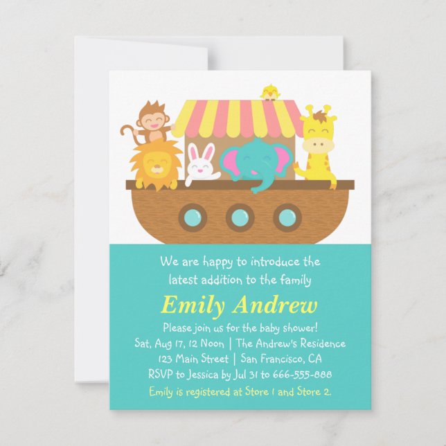 Noas ark, söta djur, baby shower inbjudningar (Framsida)