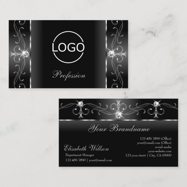Noble Black and White Squiggled Jewels med Logotyp Visitkort (Fram/baksida)