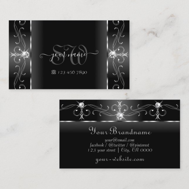 Noble Black and White Squiggled Jewels Monogram Visitkort (Fram/baksida)