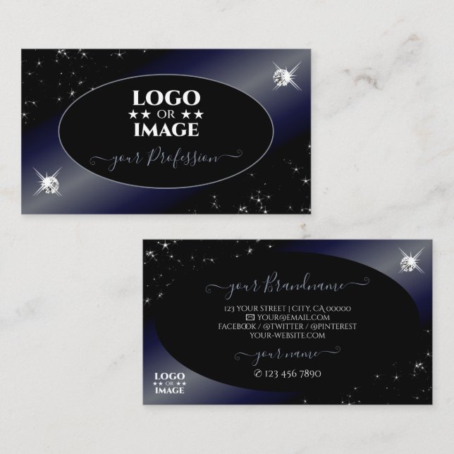 Noble Black Blue Glitter Stars Diamonds med Logoty Visitkort (Fram/baksida)