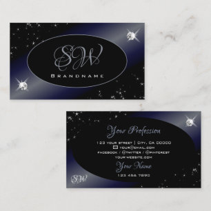 Noble Black Blue Glitter Stars Diamonds Monogram Visitkort