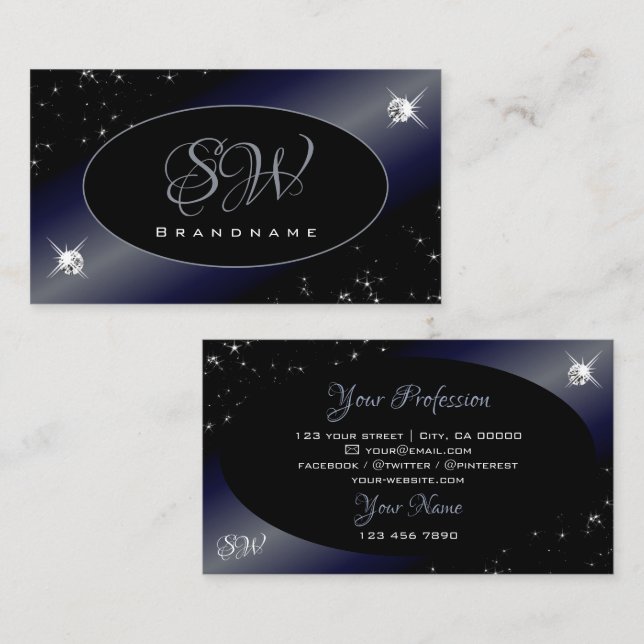 Noble Black Blue Glitter Stars Diamonds Monogram Visitkort (Fram/baksida)