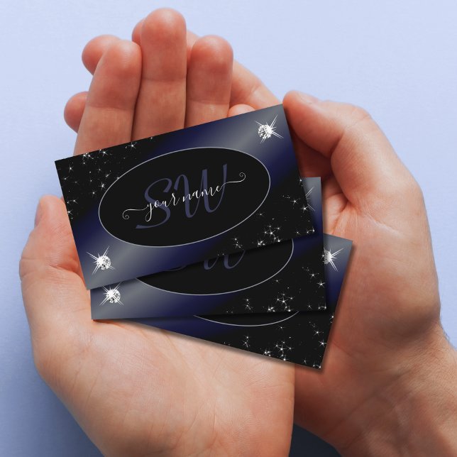 Noble Black Blue Glitter Stars Diamons Initialer Visitkort (Skapare uppladdad)