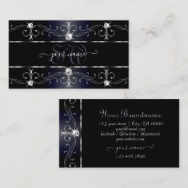 Noble Black Blue Ornate Gräns Diamonds Monogram Visitkort