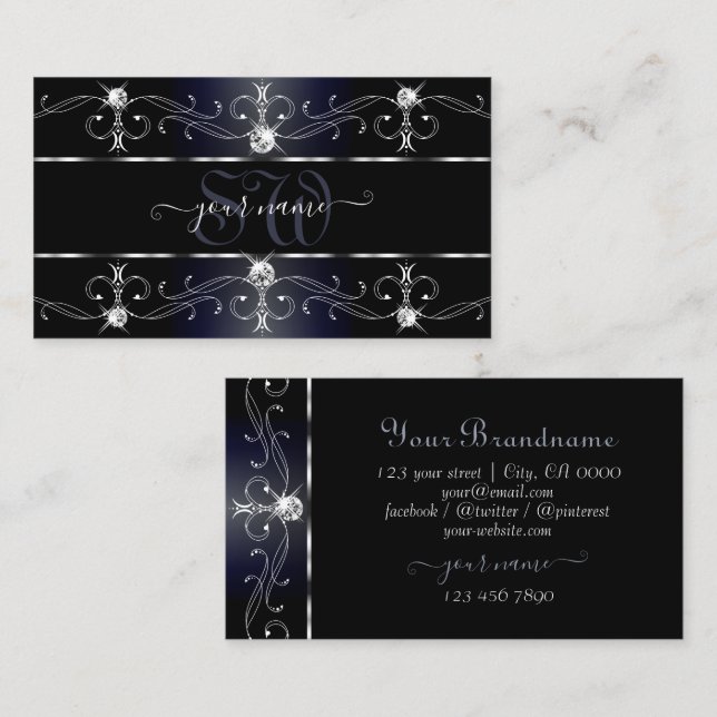 Noble Black Blue Ornate Gräns Diamonds Monogram Visitkort (Fram/baksida)