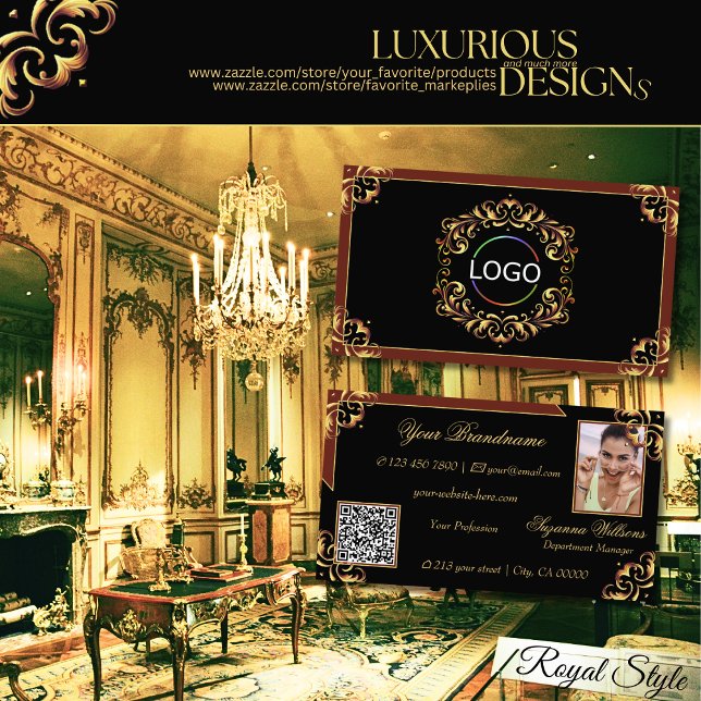 Noble Black Brown Guld Logotyp Photo and QR-kod Visitkort (Skapare uppladdad)