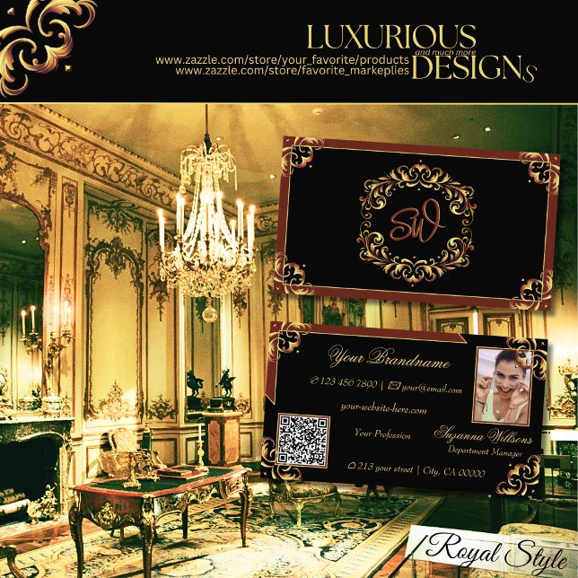 Noble Black Brown Guld Monogram Photo QR-kod Visitkort (Skapare uppladdad)