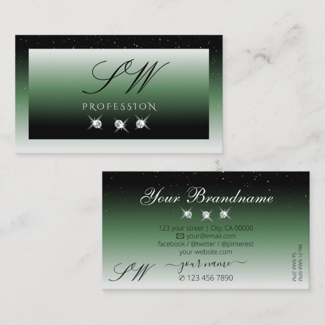 Noble Black Grönt Ombre Gnistra Diamonds Monogram Visitkort (Fram/baksida)