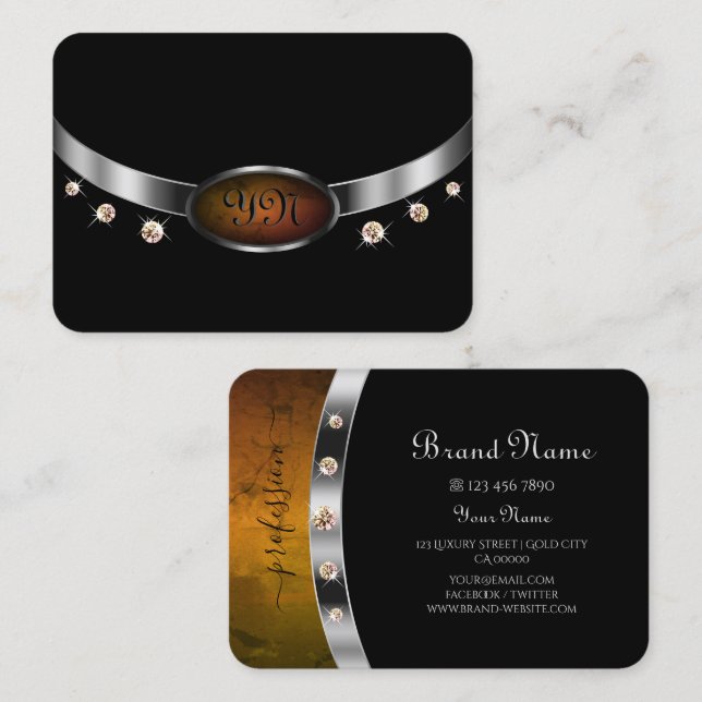 Noble Black och Silver med Initialer Rhinestones Visitkort (Fram/baksida)