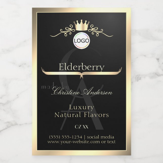Noble Black Product Label Gold Frame Logo Monogram Mat Etikett (Singel etikett)