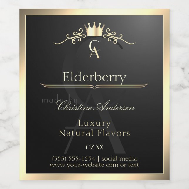 Noble Black Product Label with Gold Frame Monogram Vinflaska Etikett (Singel etikett)