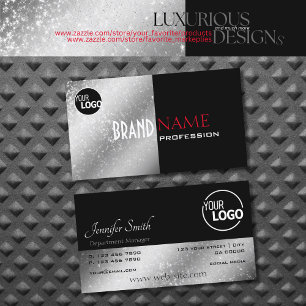 Noble Black Red Silver Glittery Stars and Logotyp Visitkort