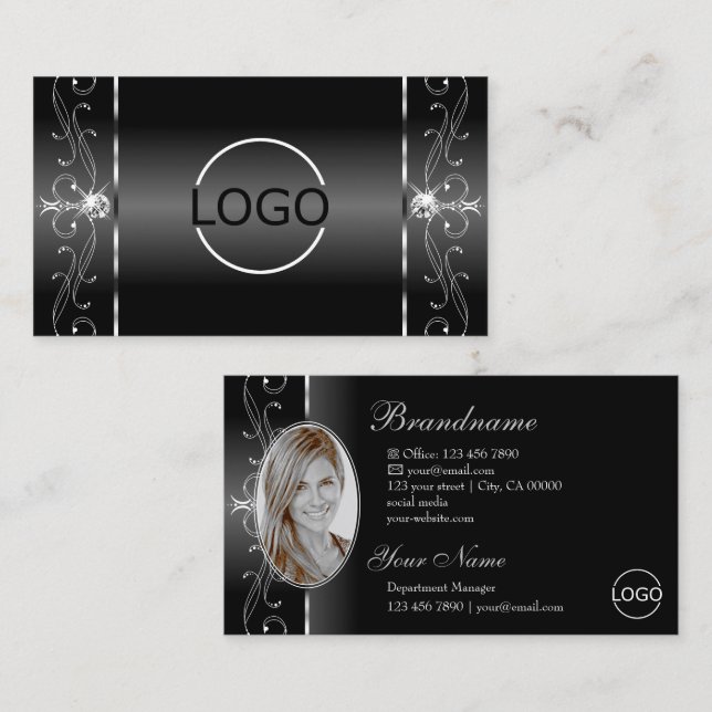 Noble Black White Squiggled Jewels Logotyp och Pho Visitkort (Fram/baksida)