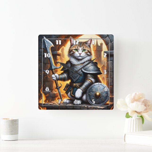 Noble Cat in Armor Holding Sword and Shield Fyrkantig Klocka (Hem)
