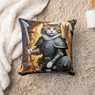 Noble Cat in Armor Holding Sword and Shield Kudde