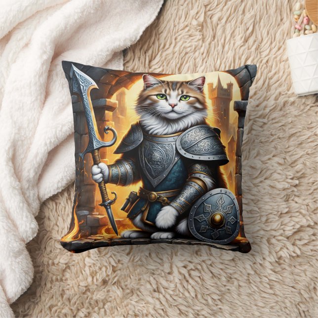 Noble Cat in Armor Holding Sword and Shield Kudde (Filt)