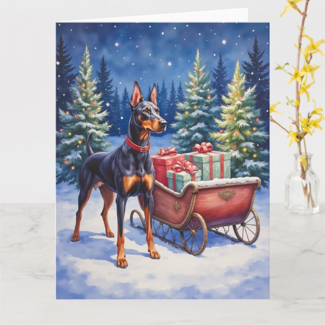 Noble Doberman Guarding Christmas Sleigh Winter Kort (Gul blomma)