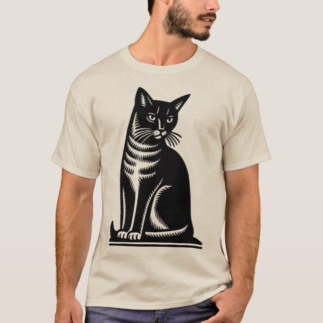 Noble Feline Woodcut Style T Shirt (Framsida)