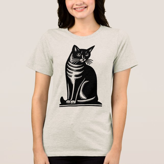 Noble Feline Woodcut Style T Shirt (Framsida)