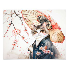 Noble Geisha Cat med Bamboo Umbrella på kinesiska Fototryck