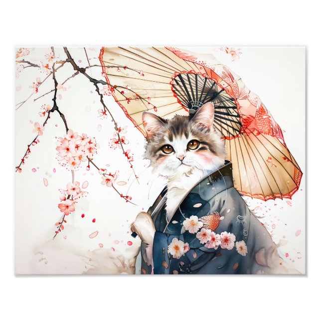 Noble Geisha Cat med Bamboo Umbrella på kinesiska Fototryck (Framsidan)