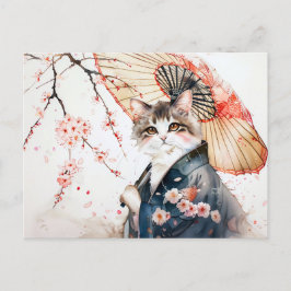 Noble Geisha Cat med Bamboo Umbrella på kinesiska Vykort