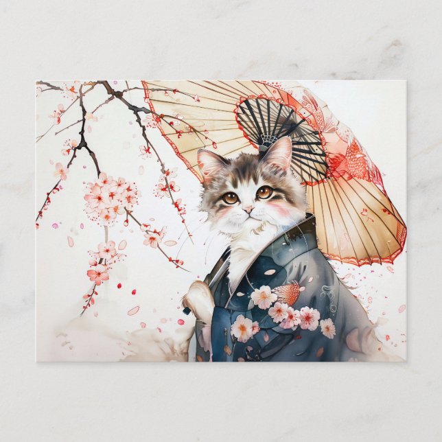 Noble Geisha Cat med Bamboo Umbrella på kinesiska Vykort (Framsida)