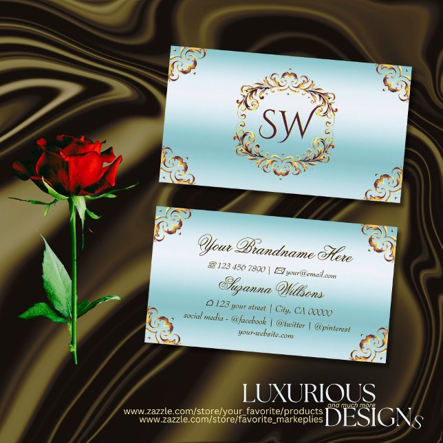 Noble Guld Decor Ice Blue med Monogram Impressive Visitkort (Skapare uppladdad)