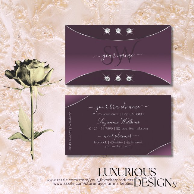 Noble Lila Silver Decor Diamonds and Monogram Visitkort (Skapare uppladdad)