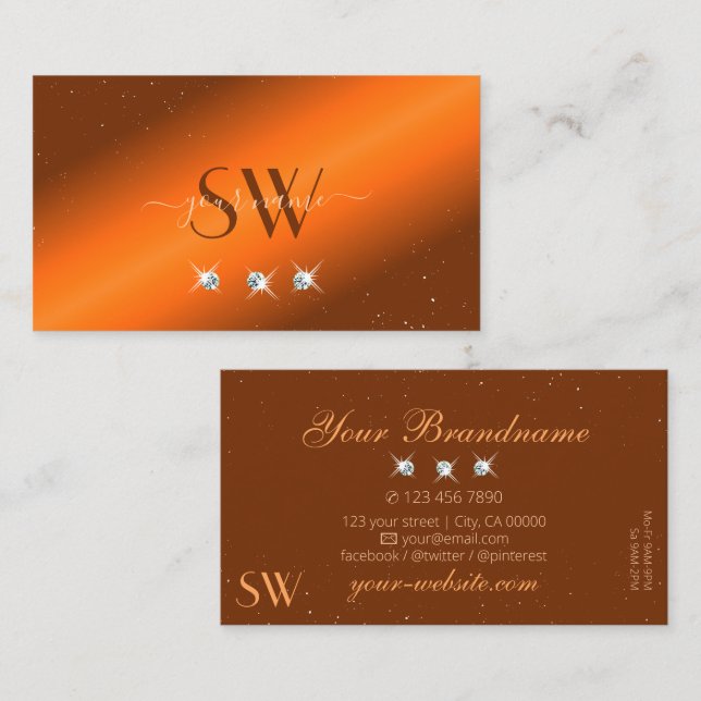 Noble Orange och Brown Sparkling Diamonds Monogram Visitkort (Fram/baksida)