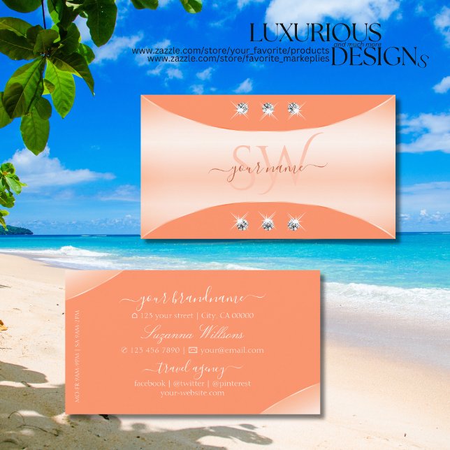 Noble Peach med mousserande diamanter och monogram Visitkort (Skapare uppladdad)