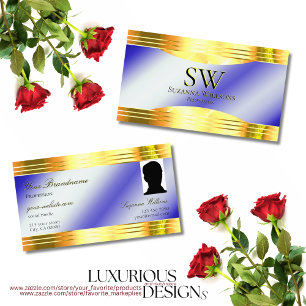 Noble Royal Blue Shiny Guld Gräns Monogram Photo Visitkort