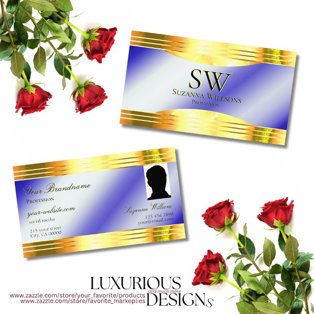 Noble Royal Blue Shiny Guld Gräns Monogram Photo Visitkort (Skapare uppladdad)