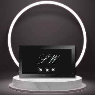 Noble Shimmery Black Sparkling Diamonds Monogram Visitkort