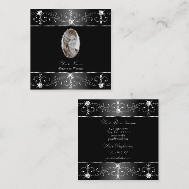 Noble Silver Black White Ornate Ornaments Foto Fyrkantigt Visitkort (Fram/baksida)