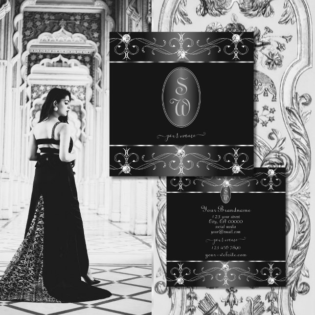 Noble Silver Black White Ornate Ornaments Initiale Fyrkantigt Visitkort (Skapare uppladdad)