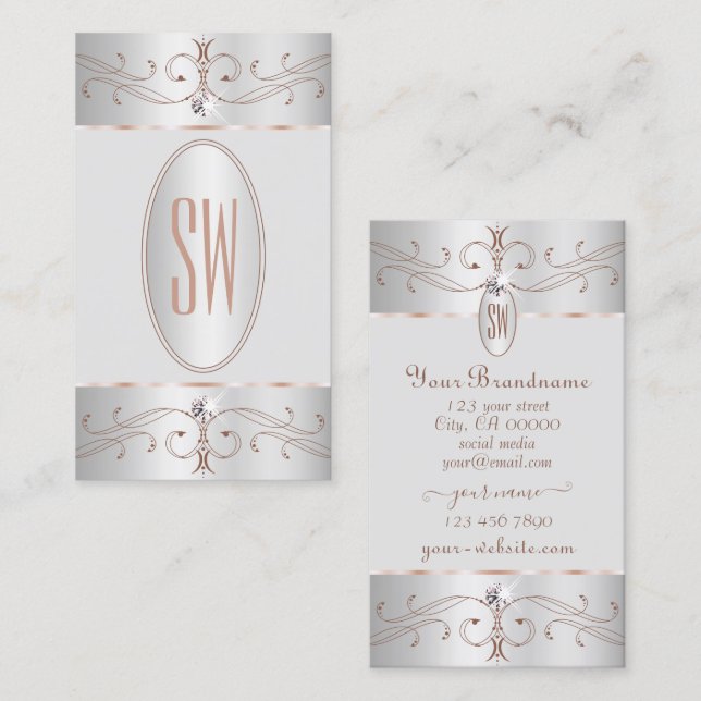 Noble Silver Ro Guld Ornamate Ornamate Monogram Visitkort (Fram/baksida)