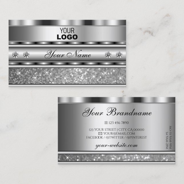 Noble Silver Sparkling Glitter med Logotyp Diamond Visitkort (Fram/baksida)