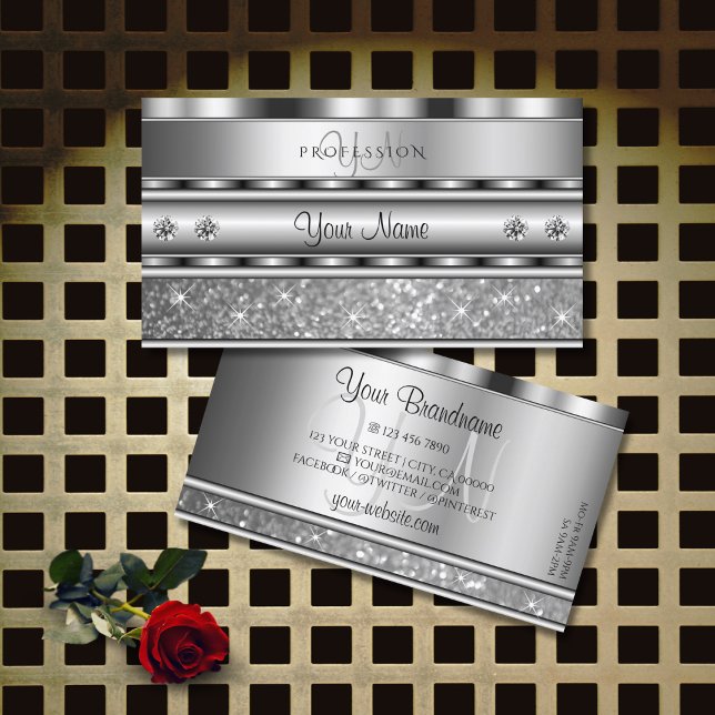 Noble Silver Sparkling Glitter Monogram Diamonds Visitkort (Skapare uppladdad)