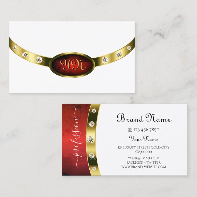 Noble White Guld Red Marble med Monogram Diamonds Visitkort (Fram/baksida)