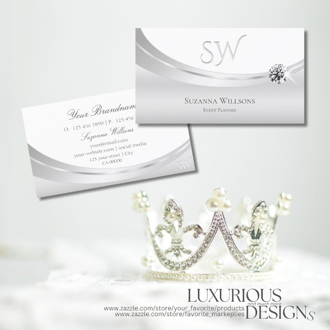 Noble White Silver med Monogram och Gnistra Jewel Visitkort (Skapare uppladdad)
