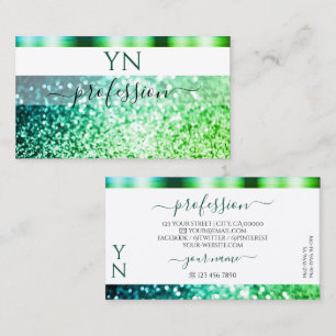 Noble White Teal Grönt Sparkling Glitter Monogram Visitkort