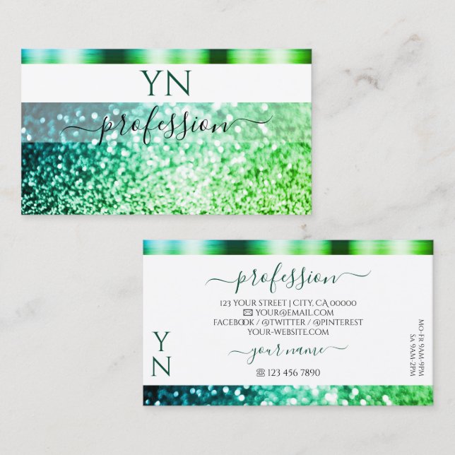 Noble White Teal Grönt Sparkling Glitter Monogram Visitkort (Fram/baksida)