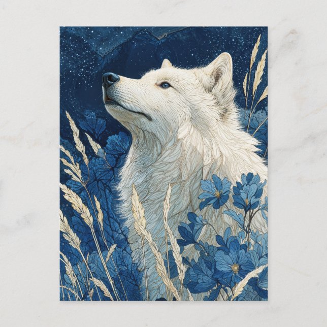 Noble White Wolf in Midnight Blue Garden Vykort (Framsida)