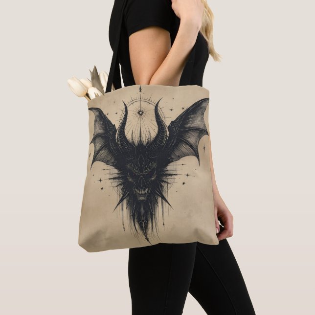 Nocturnal Guardian Tote – Gothic Bat Illustration  Tygkasse (Närbild)
