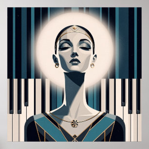 Nocturne i teal: Art Deco pianopoträtt Poster