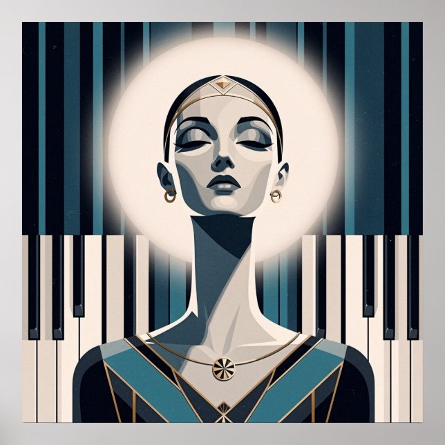 Nocturne in Teal: Art Deco Piano Portrait  Poster (Framsidan)