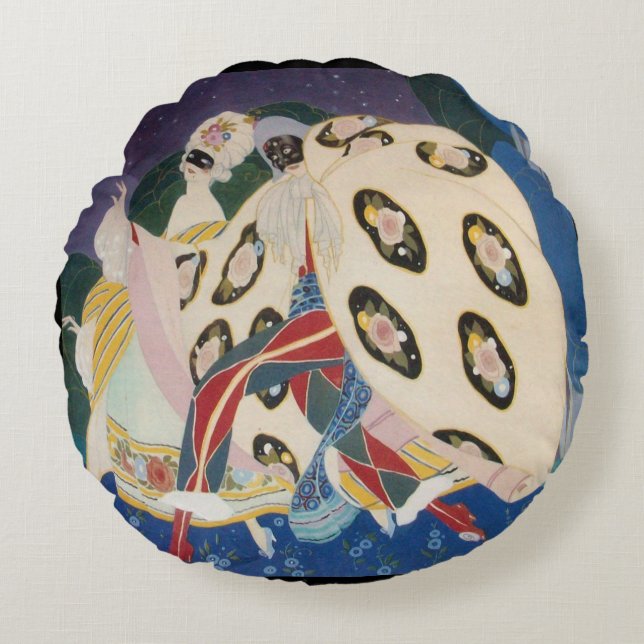 NOCTURNE MED MASKS/Art Deco Venetian Masqueraad Rund Kudde (Framsidan)